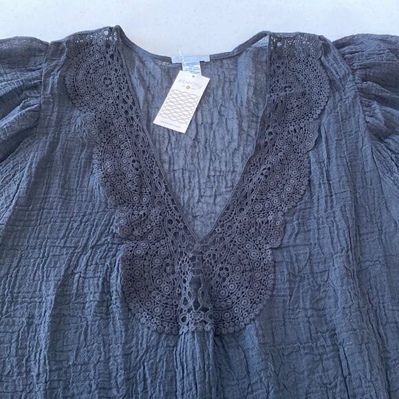 Eberjey Sol Celeste Short Sleeve V-Neck Lace Tunic Swim Coverup Gauze Oversized - Picture 5 of 15